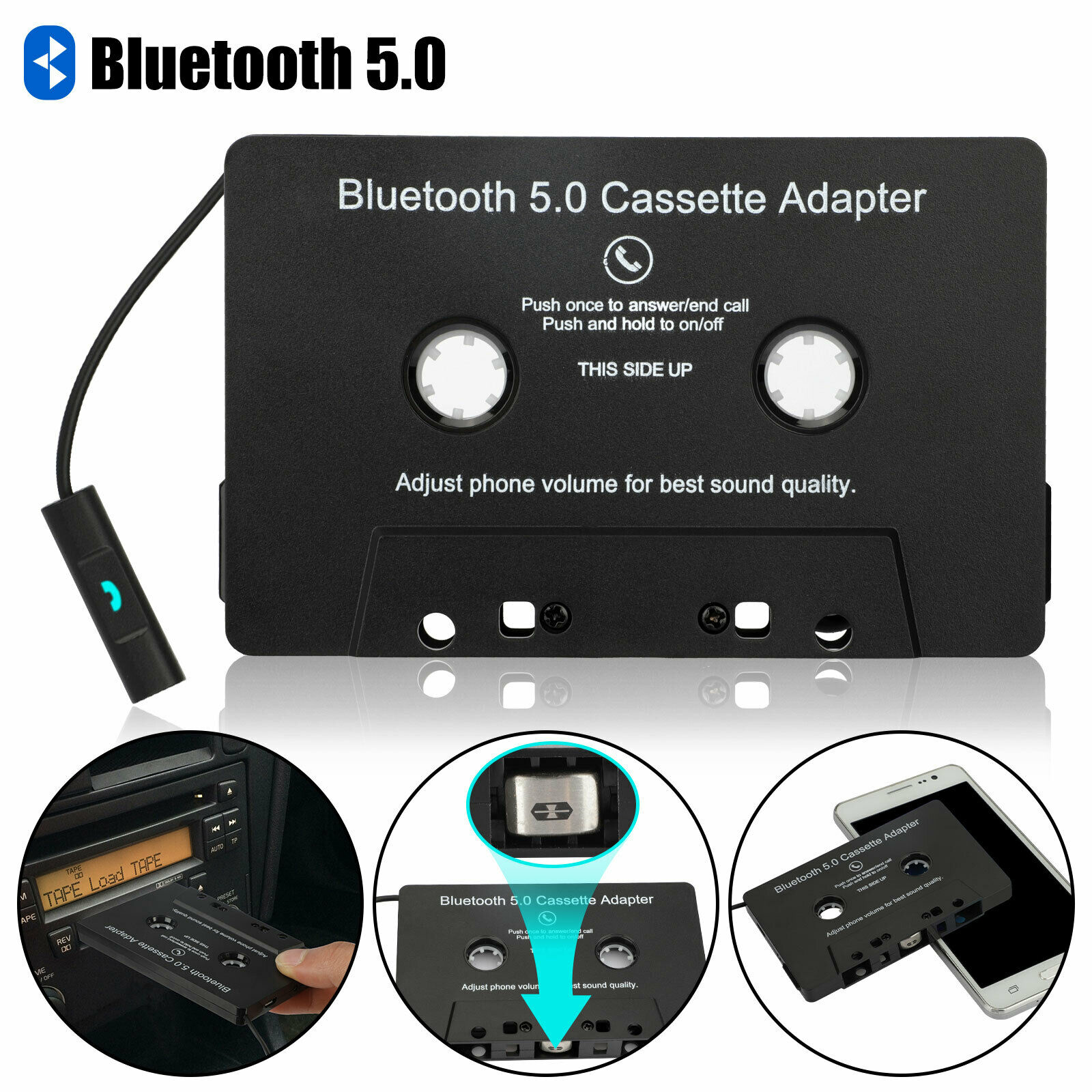 Ericealice Universal Cassette Bluetooth-compatible 5.0 Audio Car Tape Aux  Stereo Adapter avec Mic 