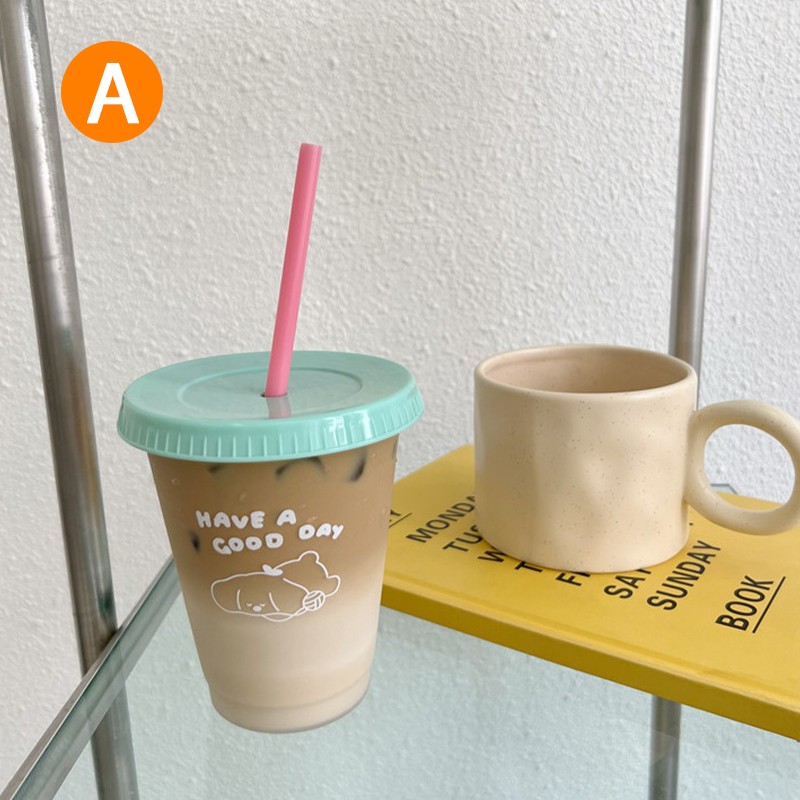 5/10pcs Cute Plastic Water Bottle For Iced Coffee Tumbler With Straw and Lid  Kawaii Juice Milk Tea Reusable Cups 480ML-700ML